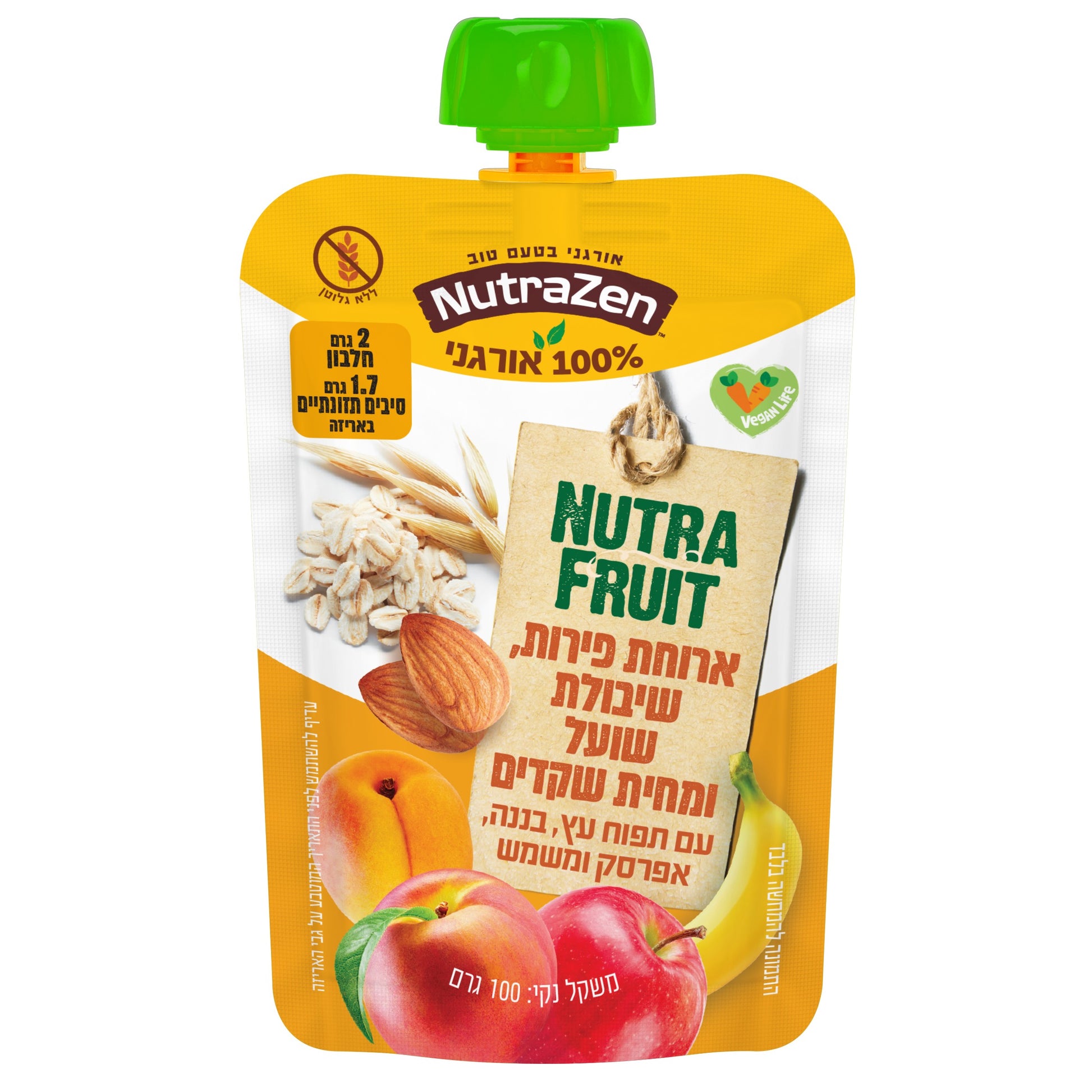 Nutra Fruit - ארוחת פירות, שיבולת שועל ומחית שקדים עם תפוח, בננה, אפרסק ומשמש אורגני ללא גלוטן | נוטרה זן - 6 יחידות - NutraZen - פריקפוא